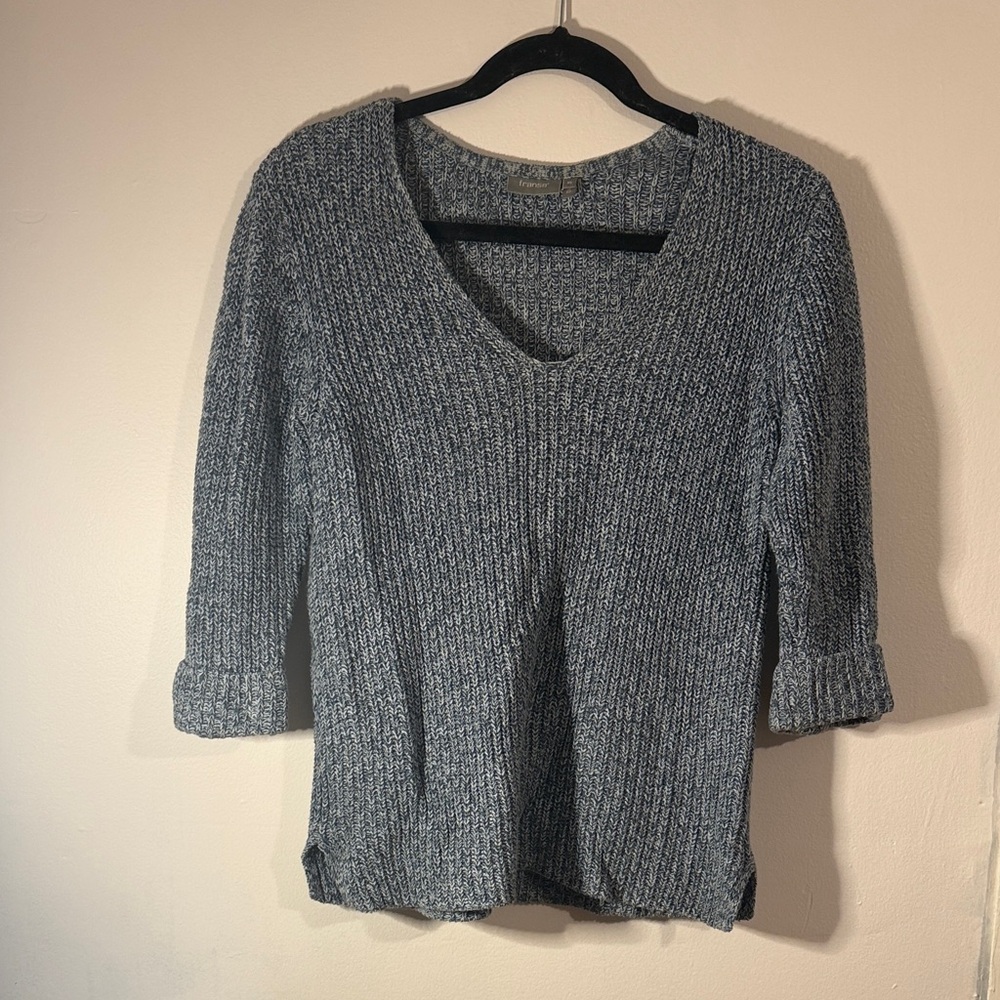 Fransa Blue Gray Knit Sweater | Textured V-Neck | Soft Cozy Top